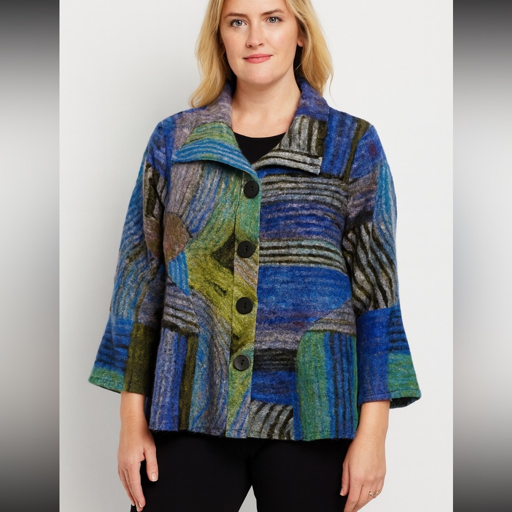 Damee Fleece Swing Jacket Art to Wear Colorful Graphi Print Overcoat Size Medium